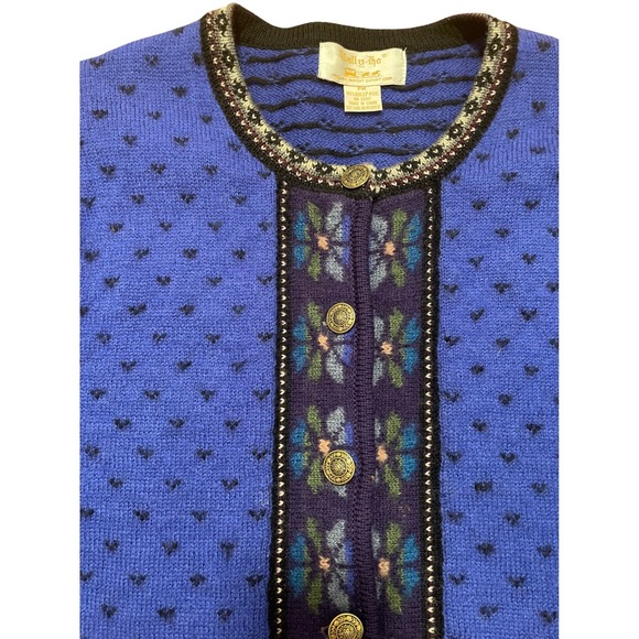 Vintage Cardigan Blue Boiled Wool Floral Sweater PM Folk Cottage - Picture 2 of 5